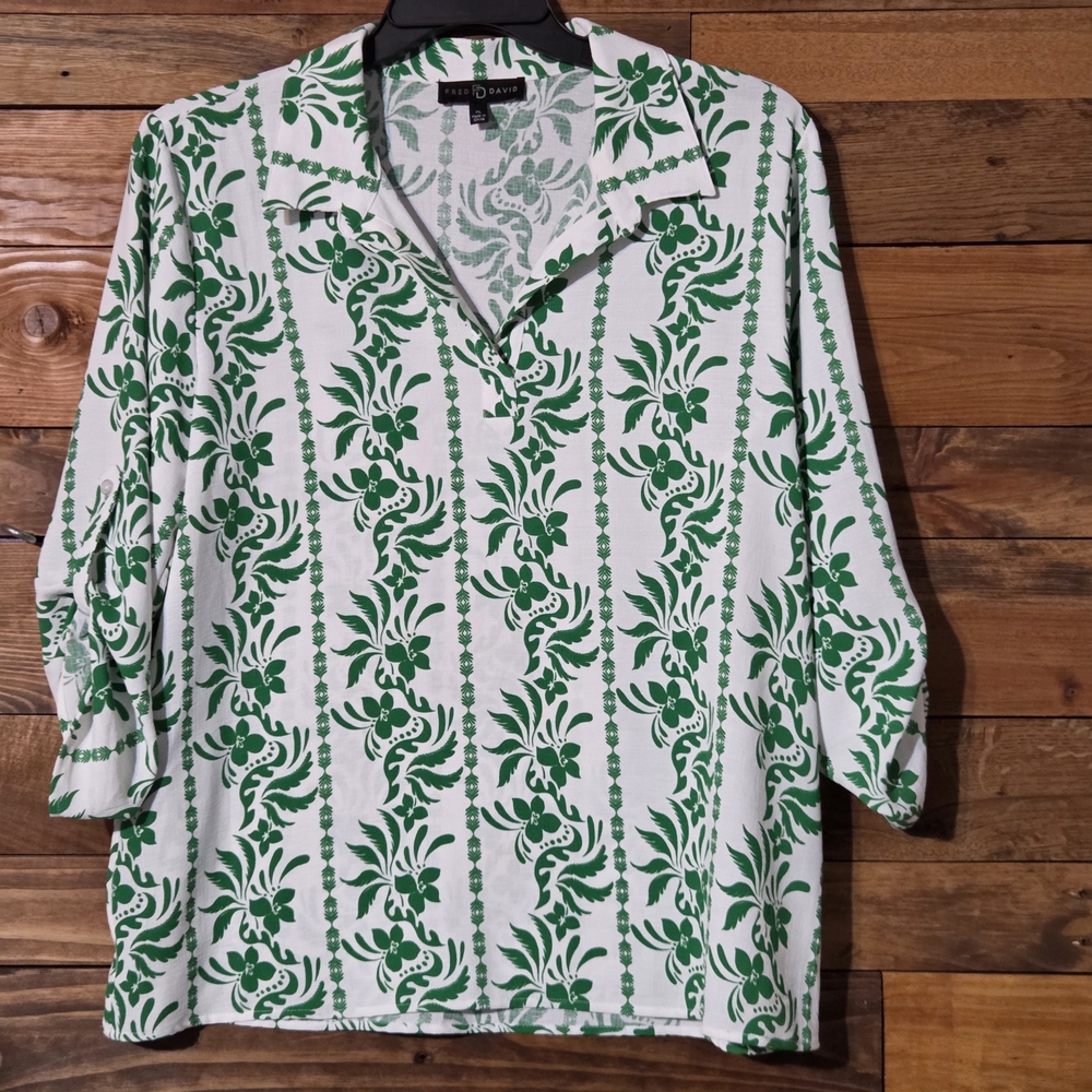 Tropical Floral Top Green White Tie Sleeve Resort  Hawaiian Beach Casual Summer